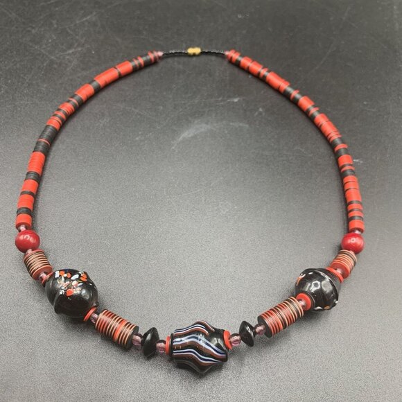 Unusual Art Glass Necklace in Red & Black Ethnic Style Surfer Jewelry - Picture 2 of 6